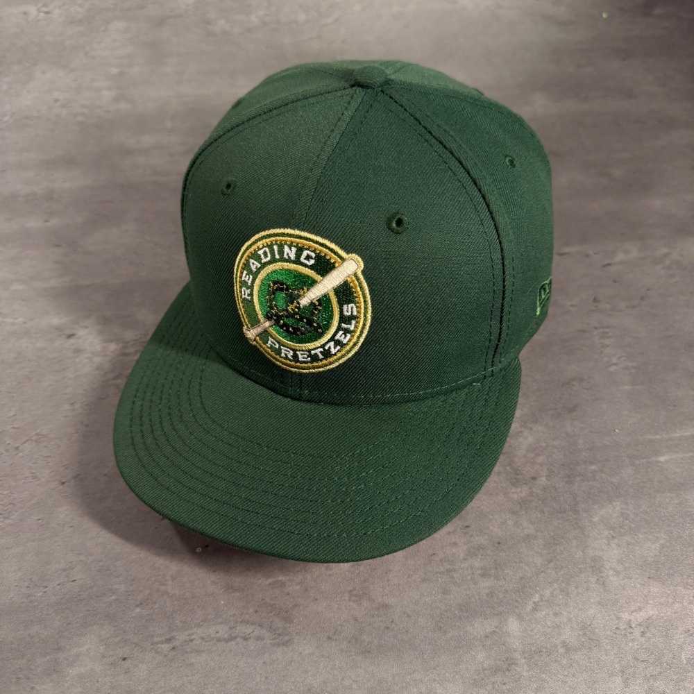 New Era Reading Phils Pretzels Hat 7 1/4 Green Gold Satin UV Baseball Fitted Cap